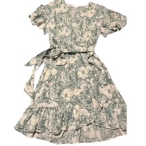 LC Lauren Conrad, Green and Beige Floral Ruffled Gem Dress, Like New, Size Small